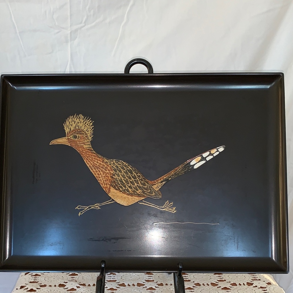 Vintage Couroc of Monterey Black Tray W/Roadrunner Peacock inlaid Design.Signed